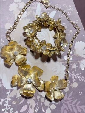Natasha Couture Gold Floral Statement Necklace and Bracelet Set